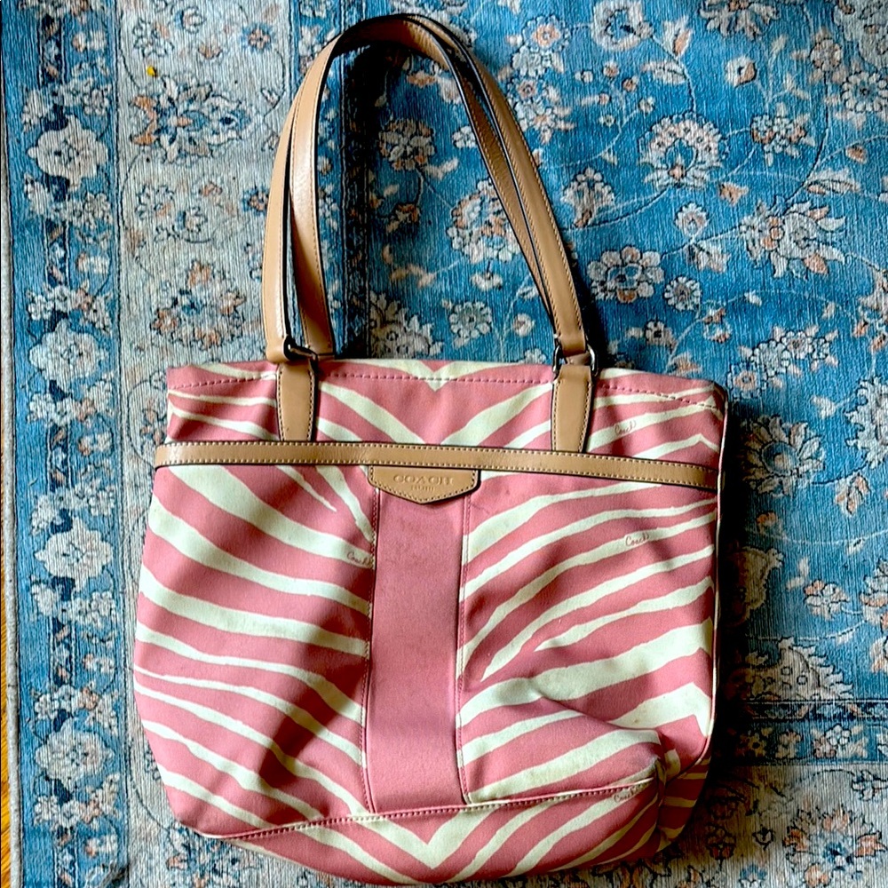 Coach Pink and Cream Striped Tote Bag
